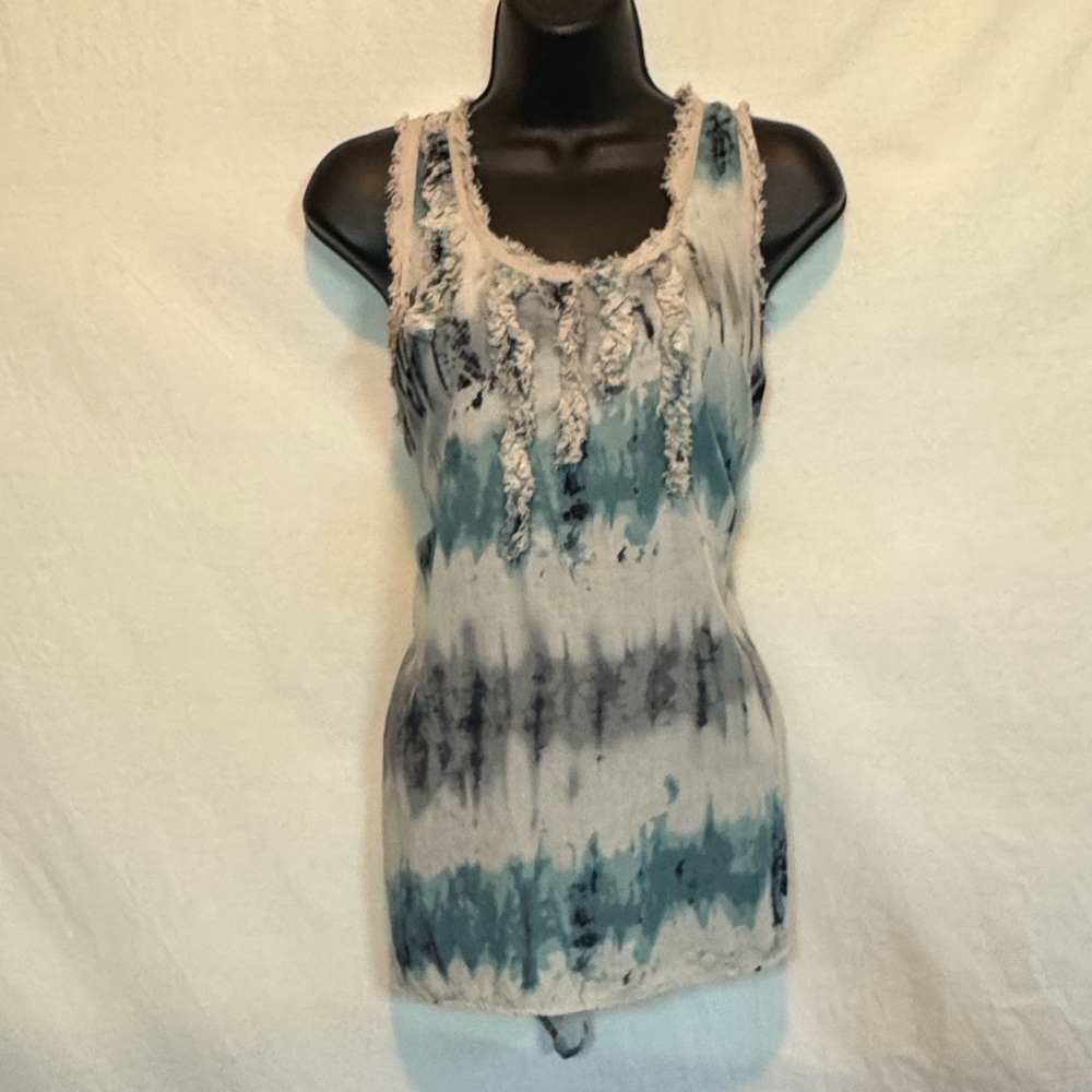 C-173 Ya Los Angeles Cream Teal & Black Ruffled Racer Back Hi Lo Tank Top Size M